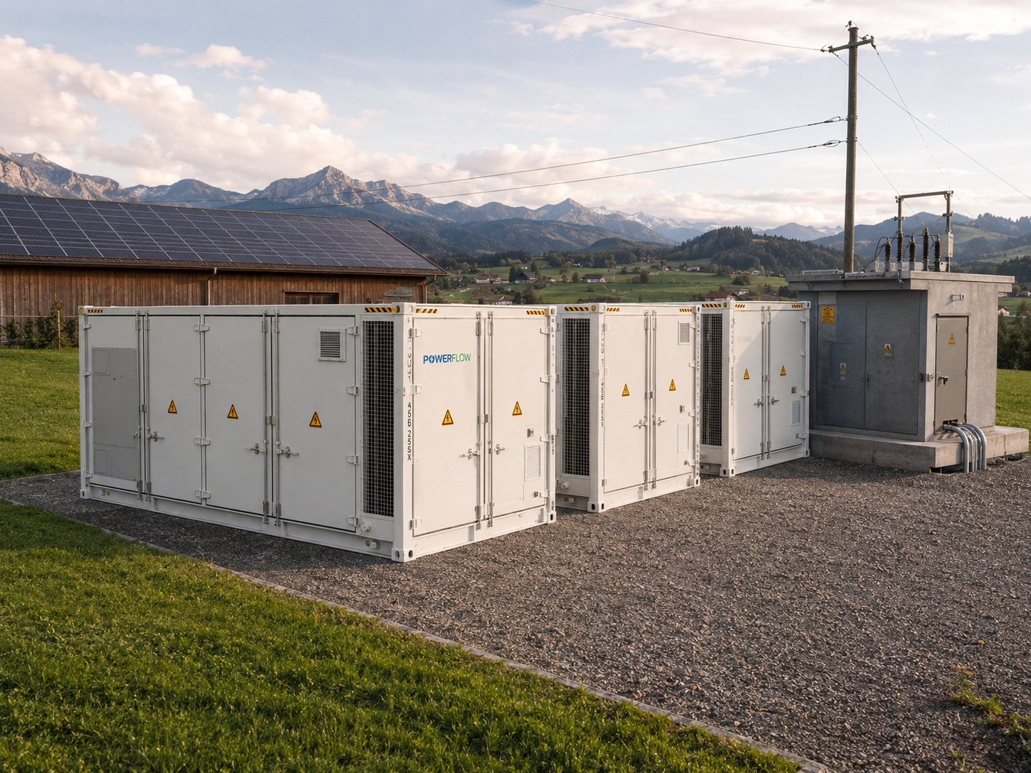 PowerFlow Container-Arealspeicher direkt am EW-Trafo — Projekt Energieversorger